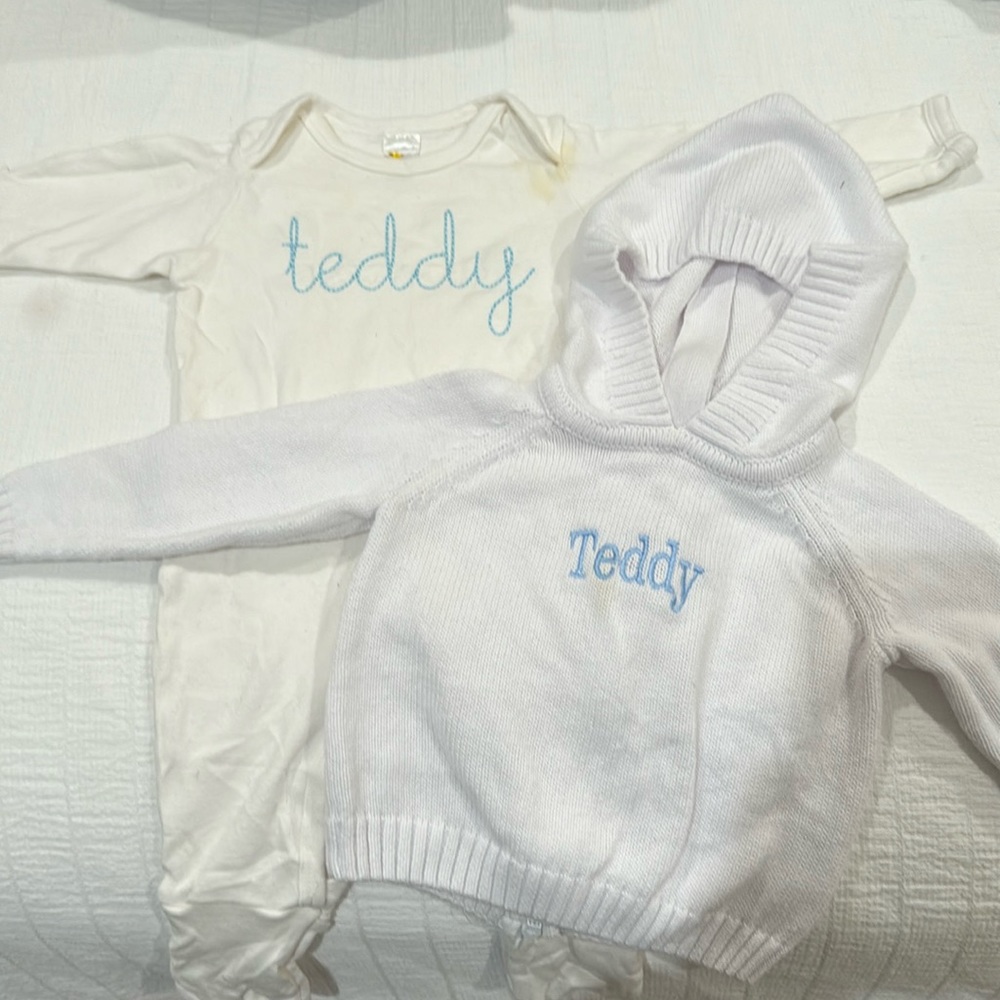 3-6 mo Teddy onesie and 6 mo Teddy hooded sweater. Both embroidered.